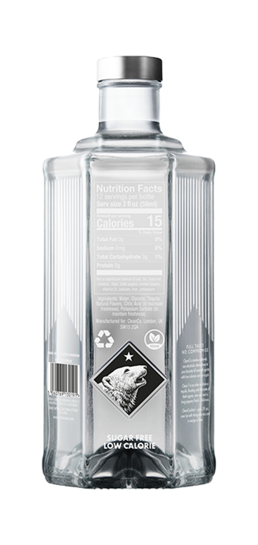 Tequila - Clean Co non-alcoholic tequila alternative bottle, gluten-free, vegan, low-calorie.
