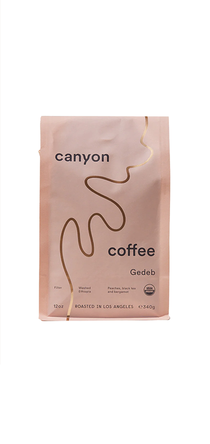 Gedeb Ethiopia Canyon Coffee bag with taste notes of persimmon, lime, and bergamot.