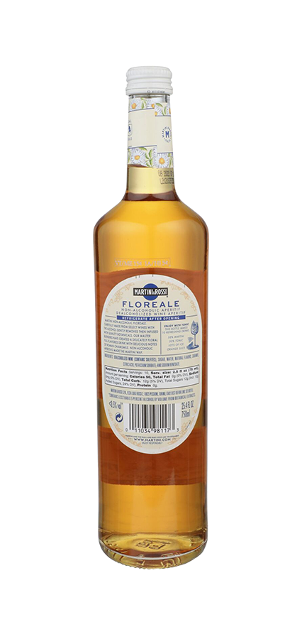 Martini & Rossi Non-Alcoholic Floreale Aperitivo bottle, 0.75 lt, crafted in Piedmont, Italy.