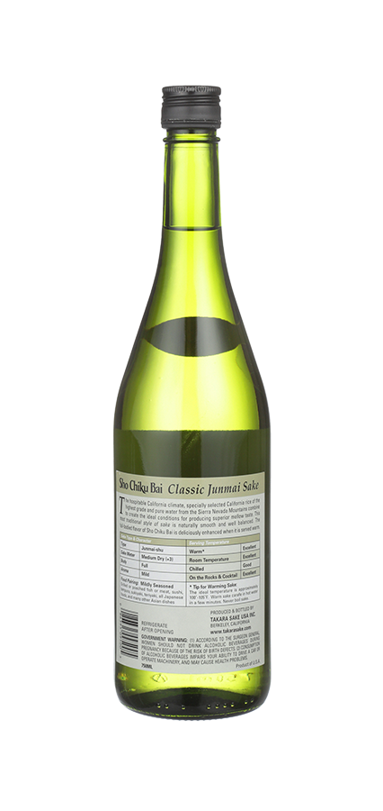 Sho Chiku Bai Classic Junmai Sake bottle, medium-bodied, 750ml, with a fresh citrus flavor and 15% alcohol content.