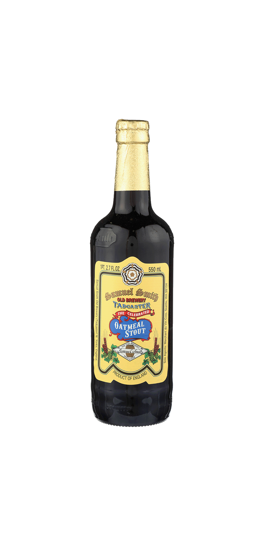 Samuel Smith's Oatmeal Stout bottle, rich deep brown color, 550ml, 5% alcohol.