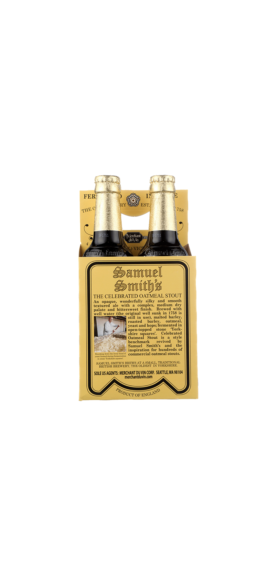 Samuel Smith's Oatmeal Stout 2-pack in bottles with gold labels and background.