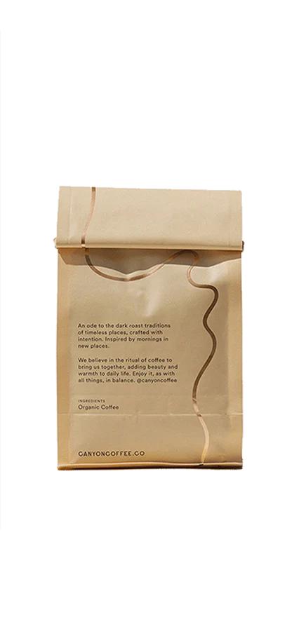 Brown paper bag of The Alentejo Canyon Coffee featuring bold flavors and a smooth, dark roast from Nicaragua's Alentejo region.