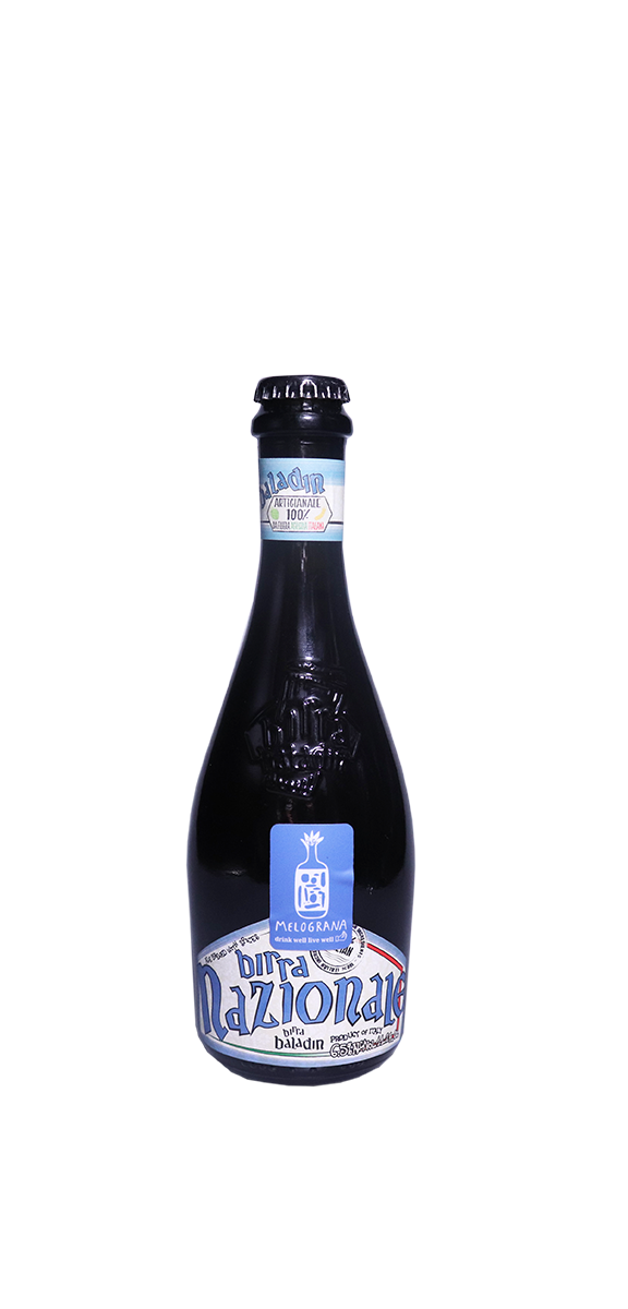 Birra Nazionale Baladin ale beer bottle with blue label and Italian hops.