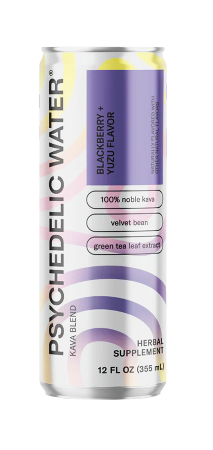 Psychedelic Water Blackberry+ Yuzu Flavor 12 oz can with mood-boosting kava, damiana, and green tea.