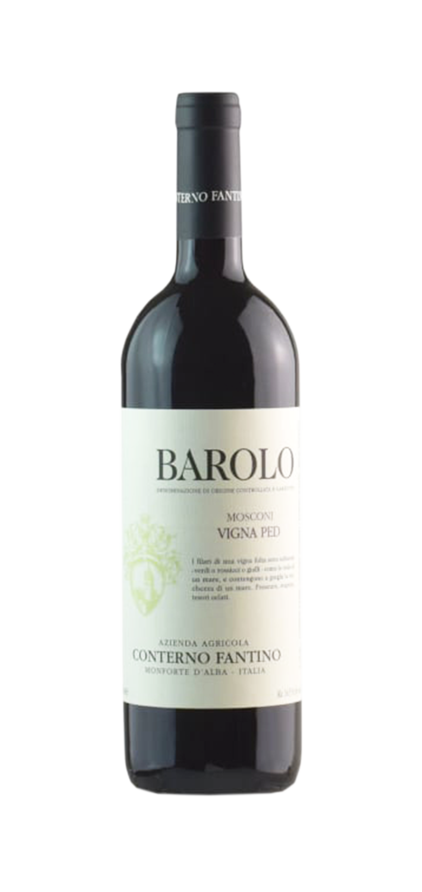 Mosconi Vigna Ped Barolo Conterno Fantino wine bottle, 100% Nebbiolo, medium body, bold and tannic, aged in French oak barrels.