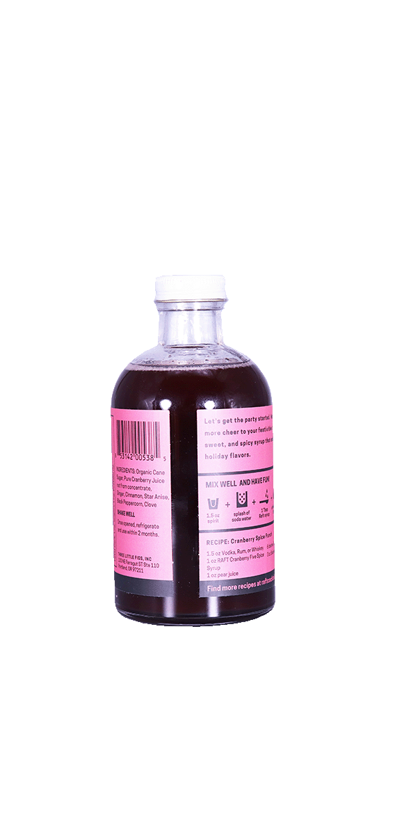 Cranberry Five Spice Syrup Raft bottle, 250ml, holiday flavor.