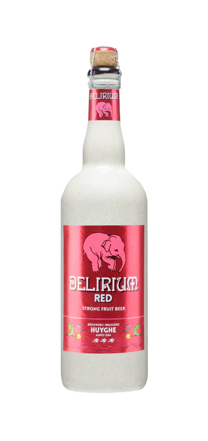 Delirium RED Ale bottle with pink label and elephant logo.