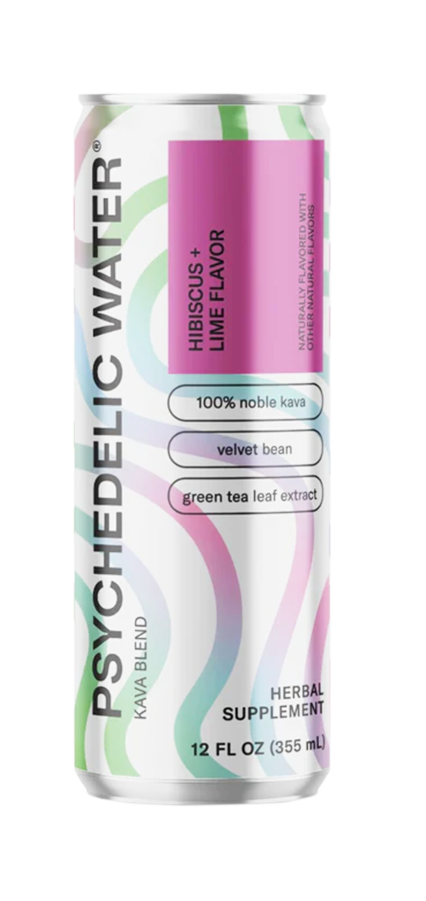 Psychedelic Water Hibiscus+ Lime Flavor sparkling water can, featuring kava, damiana, and green tea, alcohol-free, vegan, kosher, 20 calories, 12 oz.