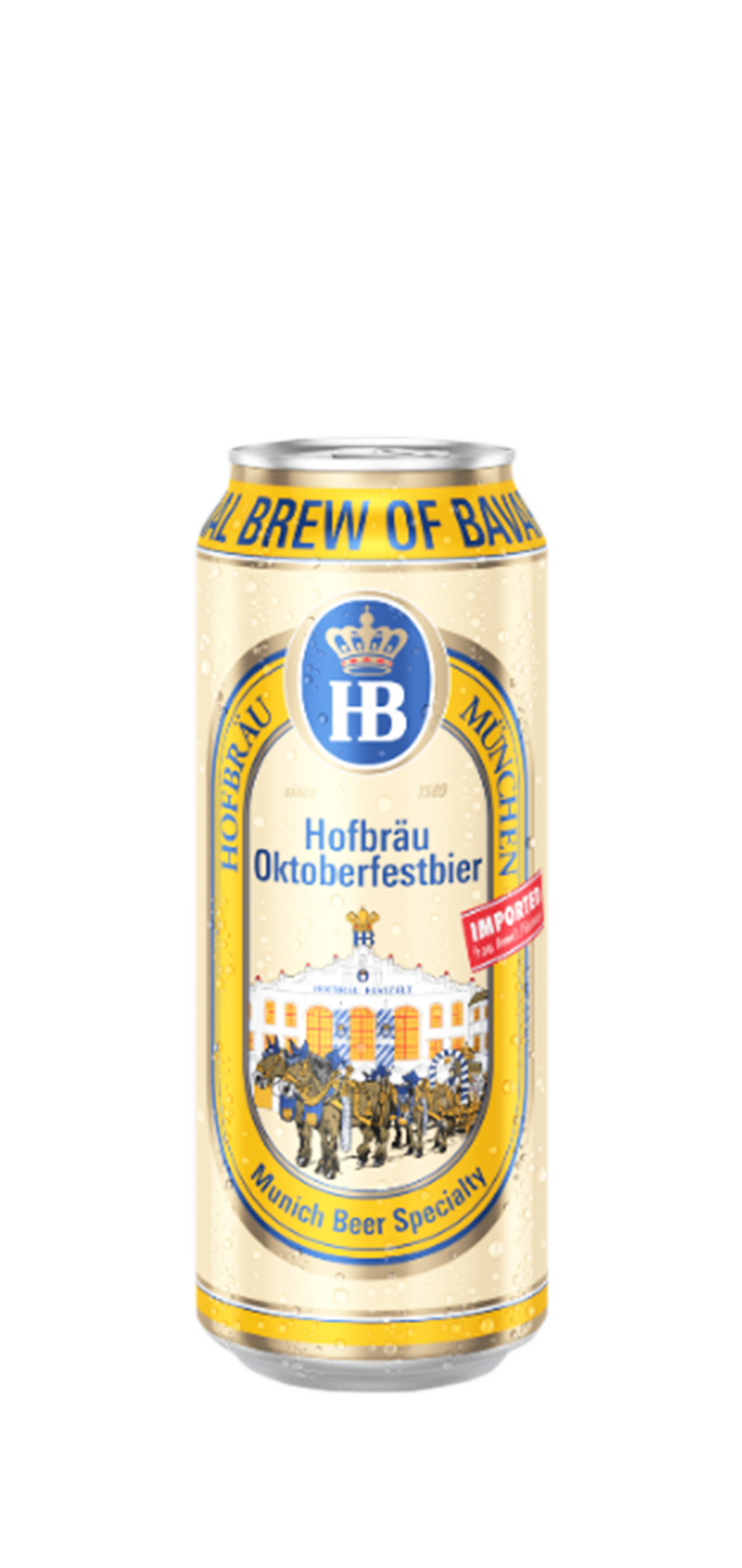 Hofbrau Oktoberfestbier can featuring traditional Bavarian design, 500ml, 6.3% alcohol, full-bodied lager.