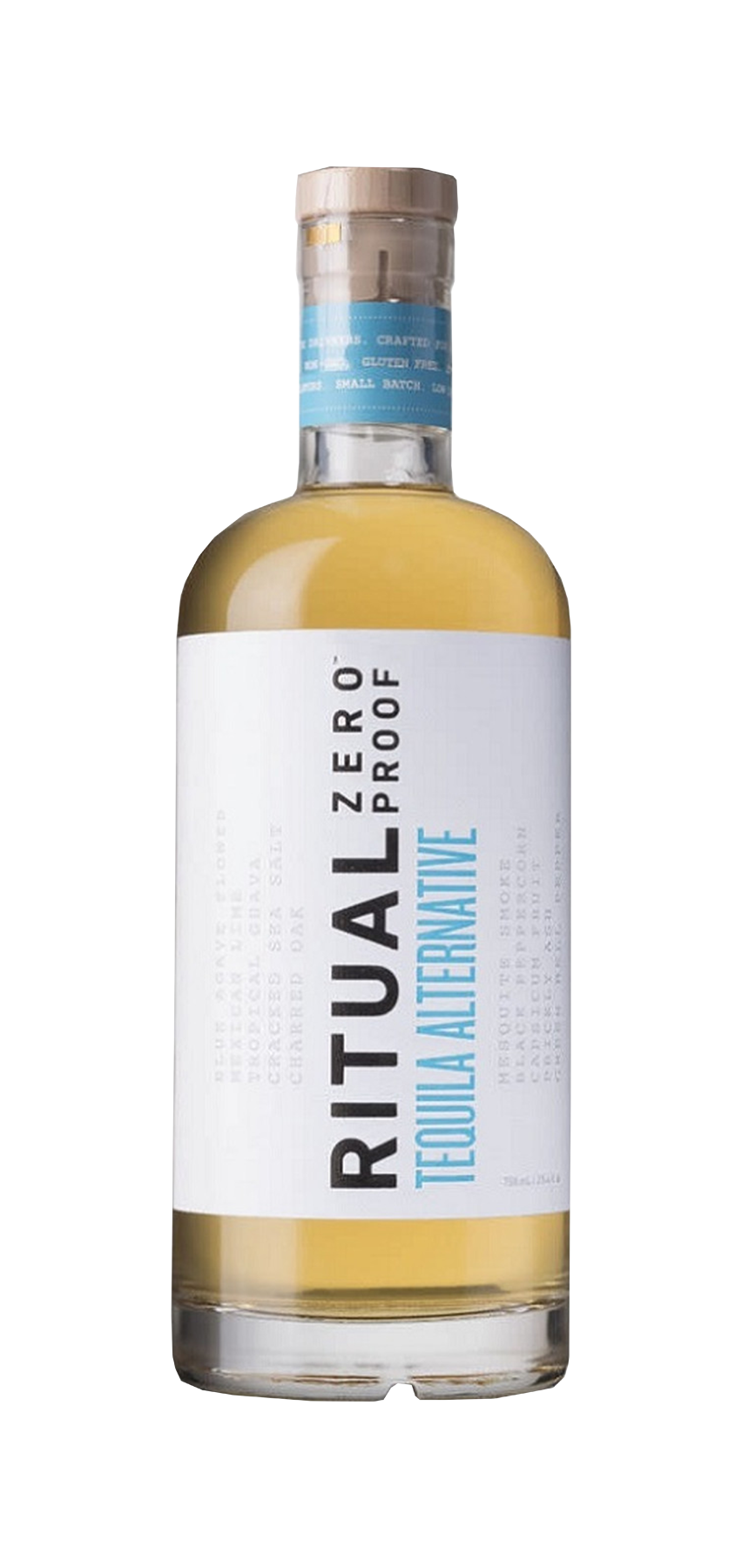 Non-alcoholic tequila bottle, Ritual Zero Proof, gluten-free, keto-friendly, 750ml.