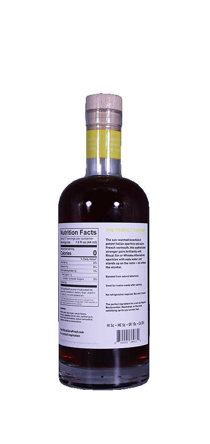 Non-alcoholic Aperitif Ritual bottle, 750ml, gluten-free, keto-friendly, non-GMO, with aromatic bittersweet flavors.