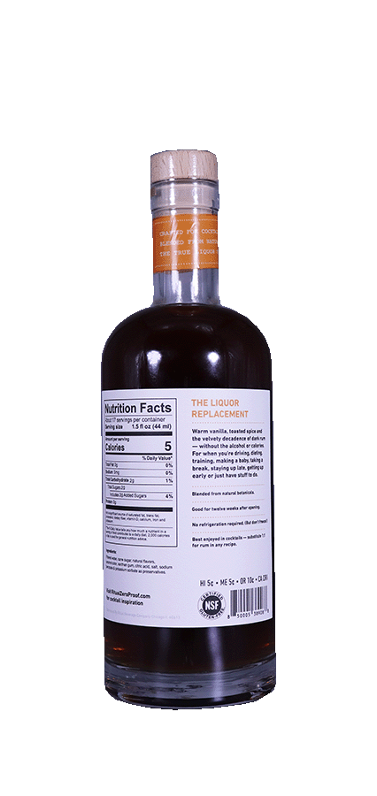 Non-alcoholic rum bottle with dark rum profile, 750ml, gluten-free, keto-friendly, nut-free, non-GMO.