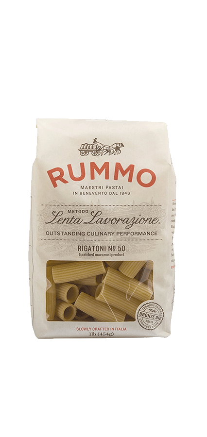 Rummo - Rigatoni 1 Lb pasta package, Italian quality with bronze die-extrusion for sauce absorption.