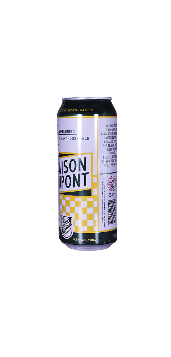 Saison Dupont Farmhouse Ale 500 ml can with golden ale label.