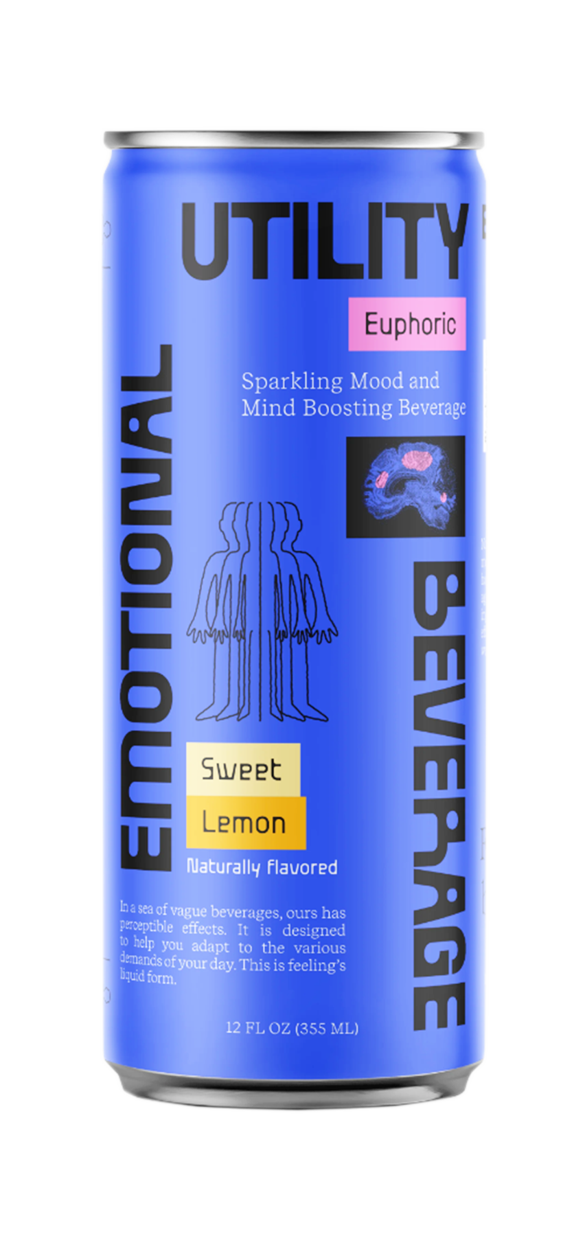 Sweet Lemon Emotional Utility sparkling water can with zero sugar and low calories, featuring Gaba, Lions Mane Mushroom, and L-Theanine.