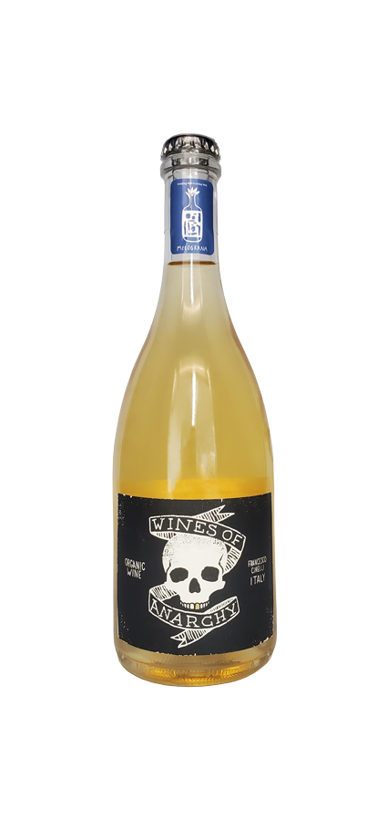 Wines of Anarchy Trebbiano d'Abruzzo bottle with skull label, bio-radical frizzante wine from Adriatic Sea Hills.