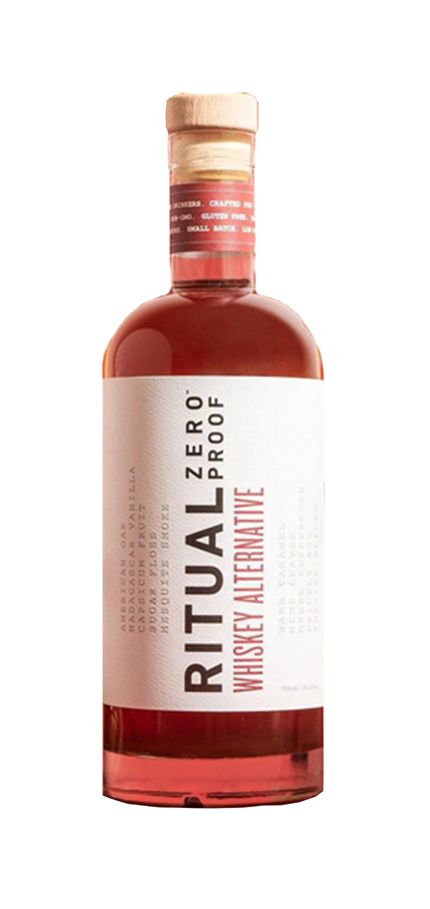 Non-Alcoholic Ritual Whiskey Alternative 750ml bottle, zero proof, gluten-free, keto friendly.