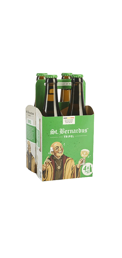 St Bernardus Tripel Ale 4-pack bottles with green packaging featuring artwork.