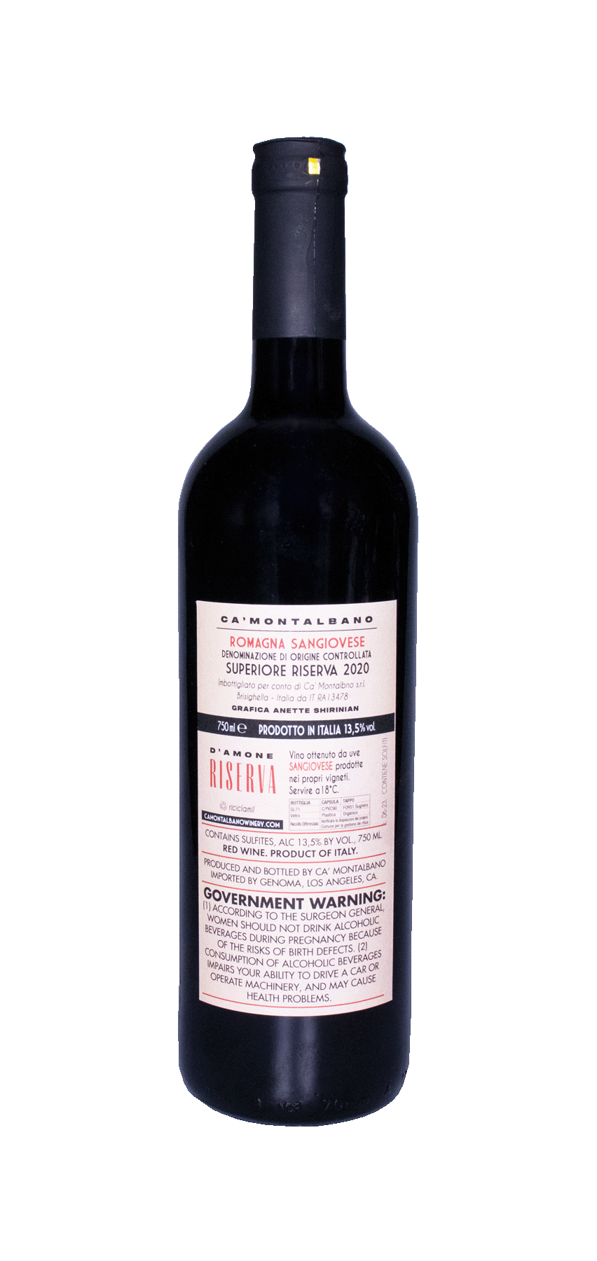 Amone Riserva Ca'Montalbano 2020 wine bottle, 750ml, Sangiovese, Romagna Apennines.