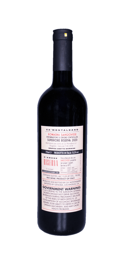 Amone Riserva Ca'Montalbano 2020 wine bottle, 750ml, Sangiovese, Romagna Apennines.