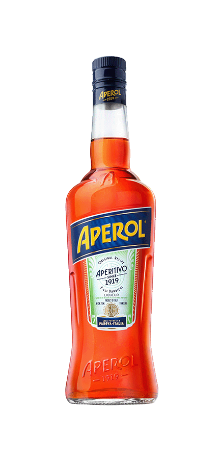 Aperol Aperitivo bottle with orange liquid, 11% alcohol, 0.70 lt.